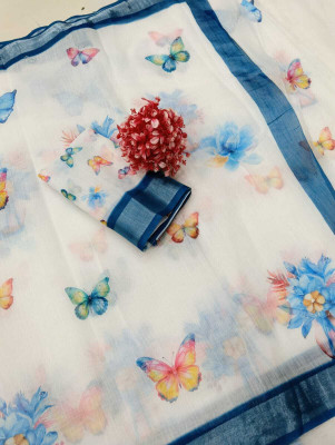 M MAANVIT Digital Print, Woven Kanjivaram Pure Cotton, Cotton Linen Saree(Blue)