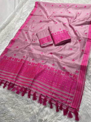 Skiran's Woven Mekhela Chador Cotton Blend Saree(Pink)