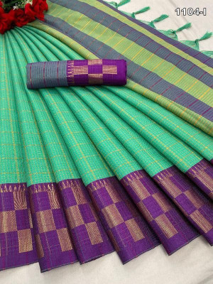 Laxmitax Woven, Embellished, Self Design, Checkered Chettinadu Jacquard, Cotton Silk Saree(Green)