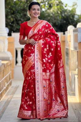 ROOP LAVANYA Printed Banarasi Jacquard, Art Silk Saree(Red)
