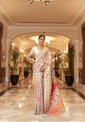 Moda Rapido Digital Print Kanjivaram Cotton Blend Saree(Cream)