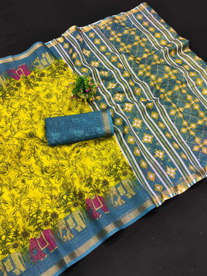 Saaransh Floral Print Kanjivaram Linen, Cotton Silk Saree(Yellow)