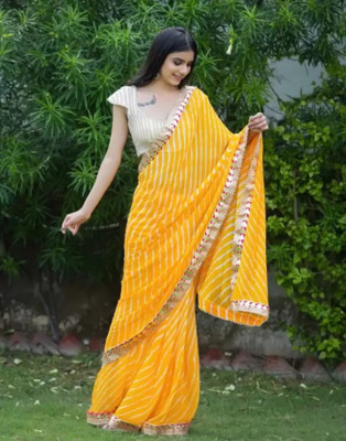 pk hub Striped Leheria Chiffon Saree(Yellow)