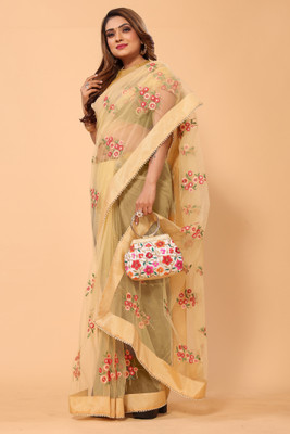 DWINIZAA STORE Embroidered Bollywood Net Saree(Beige)