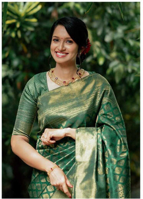 Khodal Zari Work Woven, Self Design Kanjivaram Pure Silk Saree(Green)