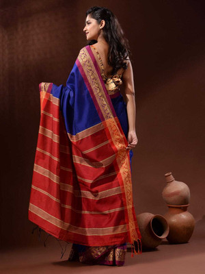 LDma Woven Tant Handloom Cotton Silk Saree(Blue)