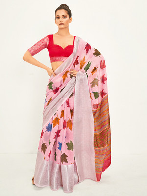 Divastri Geometric Print Chanderi Cotton Blend Saree(Pink)