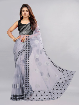 YARA CREATION Embroidered Bollywood Net Saree(Grey)