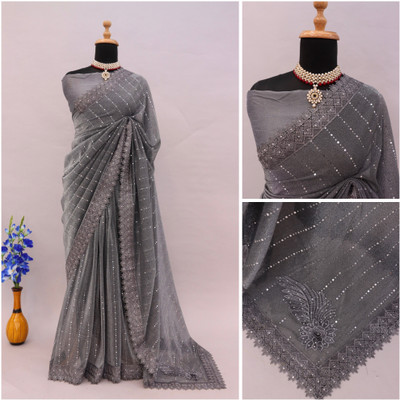 HouseOfCommon Applique Bollywood Lycra Blend Saree(Grey)