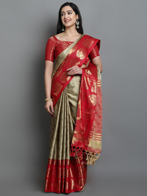 sanvi Woven, Checkered, Embellished, Self Design Dharmavaram Jacquard, Cotton Silk Saree(Beige)