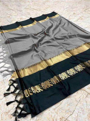 Mortal Textile Printed Handloom Cotton Silk Saree(Silver)