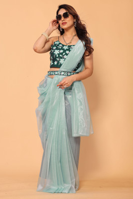 DWINIZAA STORE Solid/Plain, Embellished, Embroidered Bollywood Net Saree(Light Green)