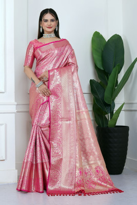 SHREE NATH CREATION Woven Dharmavaram Cotton Blend Saree(Pink, Gold)