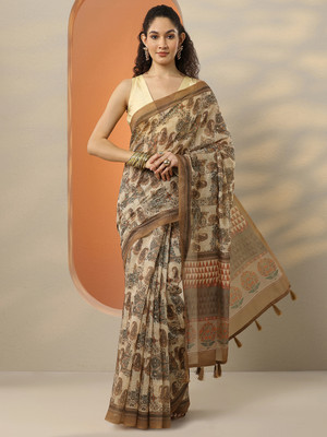 LIBAS Printed Daily Wear Silk Blend Saree(Brown)