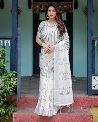 Sundhaji Trends Digital Print, Striped Bollywood Cotton Linen Saree(White)