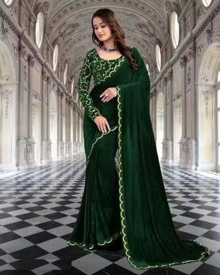 Aika Embroidered Bollywood Velvet Saree(Dark Green)