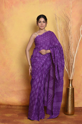 Very Much Indian Blocked Printed Handloom Pure Cotton Saree(Purple)