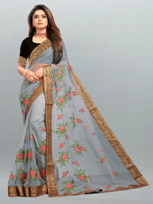 karkar Embroidered Banarasi Net Saree(Grey)