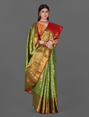 Mervadiya Self Design Dharmavaram Art Silk, Pure Silk Saree(Pack of 2, Green)