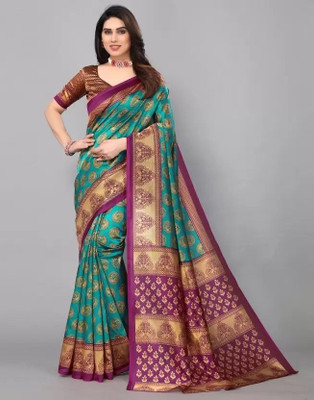 Grubstaker Printed Assam Silk Art Silk Saree(Green)