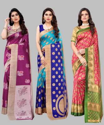 YASHIKA Printed Bollywood Art Silk Saree(Pack of 3, Purple)