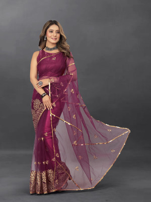 Yashakti Designer Embroidered Bollywood Net Saree(Purple)