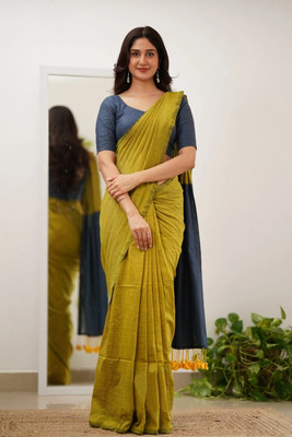 GOLU Solid/Plain Handloom Cotton Blend Saree(Yellow)