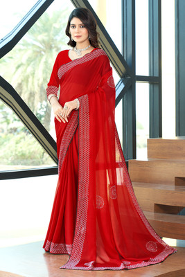 Sareeve Embellished, Embroidered Bollywood Georgette Saree(Red)