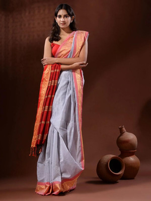 Anupam textile Self Design Handloom Handloom Cotton Silk Saree(White)