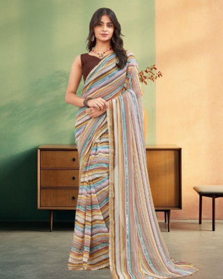 Jayu Digital Print, Embroidered, Printed, Striped Bollywood Georgette Saree(Brown)