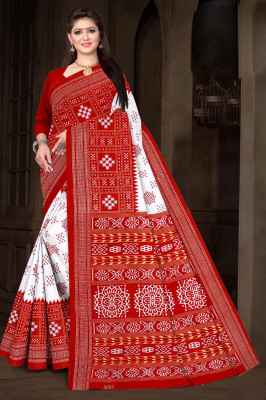 SAREEWALLA Printed Handloom Cotton Blend Saree(Red, White)