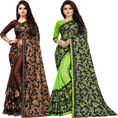 DECOFIN Embellished Bollywood Lycra Blend Saree(Pack of 2, Brown, Light Green)