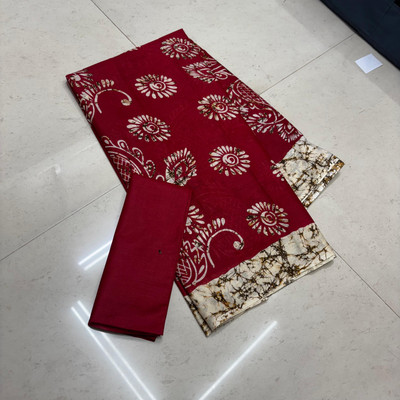 RAVI JANKI Printed, Floral Print Hand Batik Pure Cotton Saree(Red)