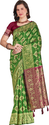 TINA FASHION Checkered Banarasi Cotton Silk Saree(Green)