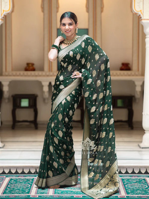SHREE GHANSHYAM FASHION Self Design, Solid/Plain, Printed, Striped, Woven, Embellished Banarasi Cotton Silk Saree(Green)