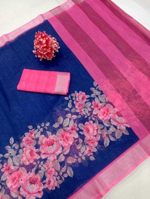 PRTRENDZ Digital Print, Woven Kanjivaram Pure Cotton, Cotton Linen Saree(Dark Blue, Pink)