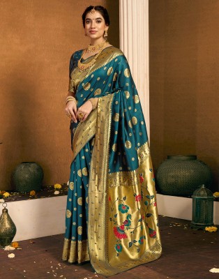 Samah Woven, Embellished Paithani Silk Blend, Jacquard Saree(Blue)