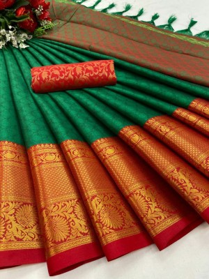 VS Enterprise Woven Dharmavaram Pure Silk, Cotton Silk Saree(Red, Green)