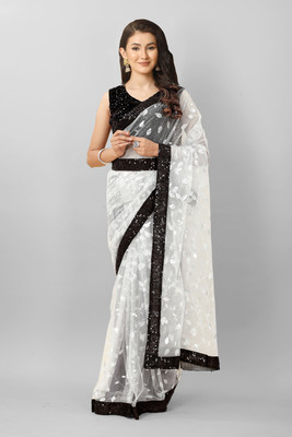 TIRTH CREATION Embroidered Bollywood Net Saree(Grey)