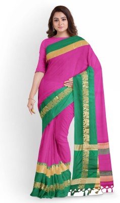 Grubstaker Self Design Banarasi Cotton Silk Saree(Pink, Green)
