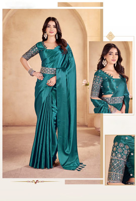 CELEUM Embroidered Bollywood Satin Saree(Dark Green)