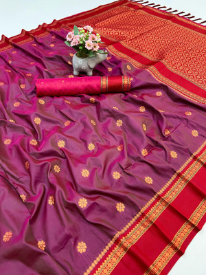 Tanishika creation Solid/Plain Banarasi Silk Blend Saree(Red)