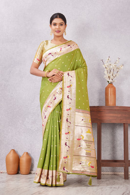 PRAUDO Woven Paithani Pure Silk Saree(Light Green)