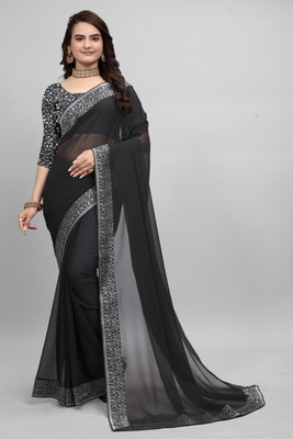 Om Sai Creation Temple Border Bollywood Georgette, Chiffon Saree(Black)