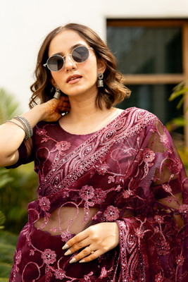 SUBHAM Embroidered, Embellished Bollywood Net Saree(Maroon)