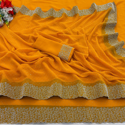 K 5 FASHION Solid/Plain Bollywood Chiffon Saree(Yellow)