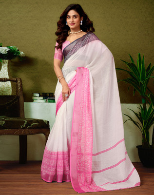 SIRIL Digital Print, Floral Print, Printed Bollywood Linen Saree(White)