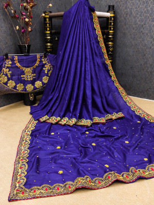 Vraj Textile Embroidered Chinnalapattu Pure Silk Saree(Blue)