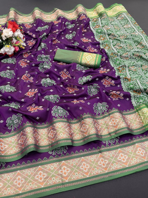 Pionex Woven Patola Pure Silk Saree(Purple)