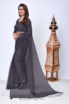 InfiniteFab Embroidered Bollywood Net Saree(Black)
